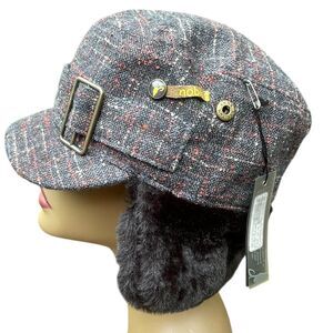 Nobis Plaid Tweed Trapper Hat Cap Faux Fur Ear Flaps Gray Red Winter Warm NWT